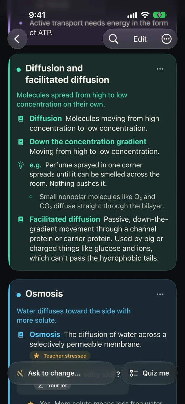 Two color-coded sections of a note in Nightsesh, “Diffusion and facilitated diffusion” and “Osmosis”, with definitions, an example and a “Teacher stressed” tag.