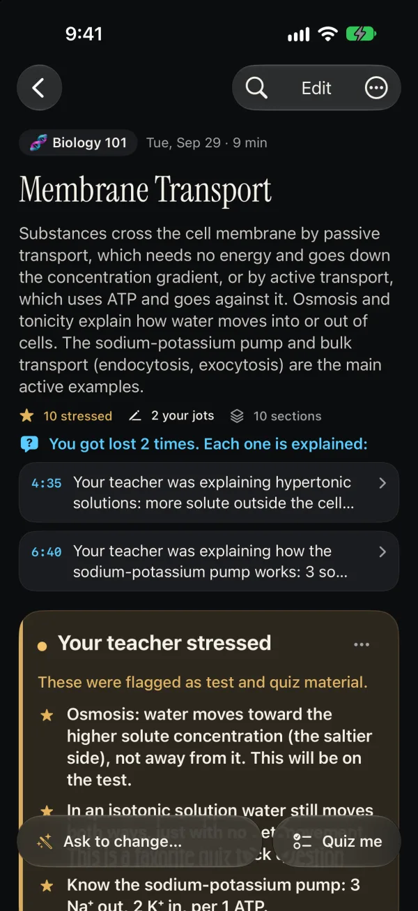 A finished note in Nightsesh: “Membrane Transport” from Biology 101, with a summary, 10 things the teacher stressed, and a link to each of the 2 moments the student got lost.
